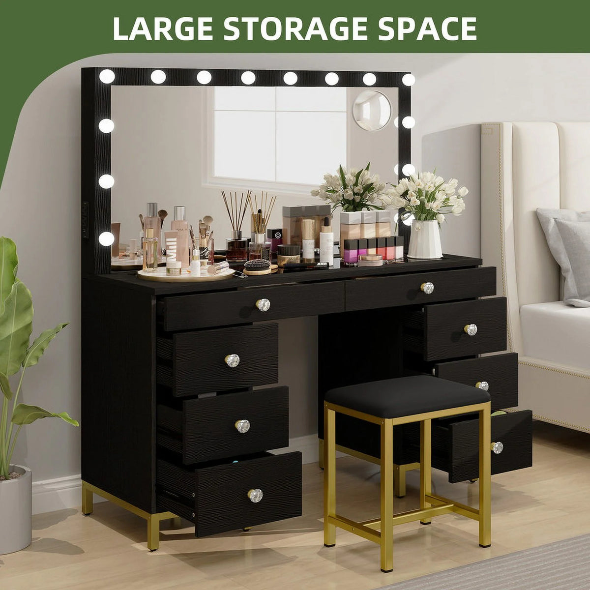 Uforic 55" Vanity Desk with Lighted Mirror & Power Outlet & 8 Drawers, Modern Makeup Vanity Table Set with Storage Stool, White