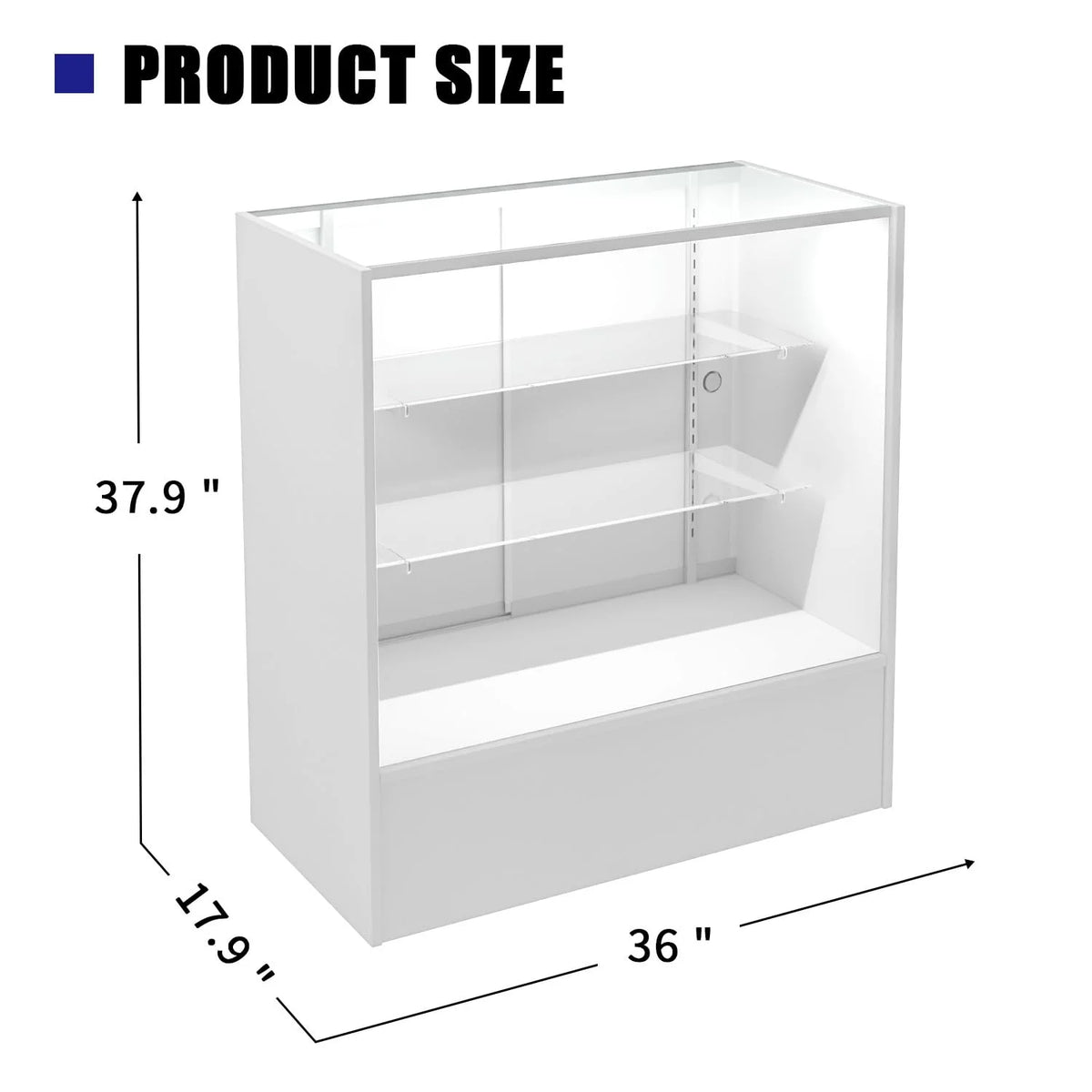 48" W x 38" H x 18" D - full vision display showcase