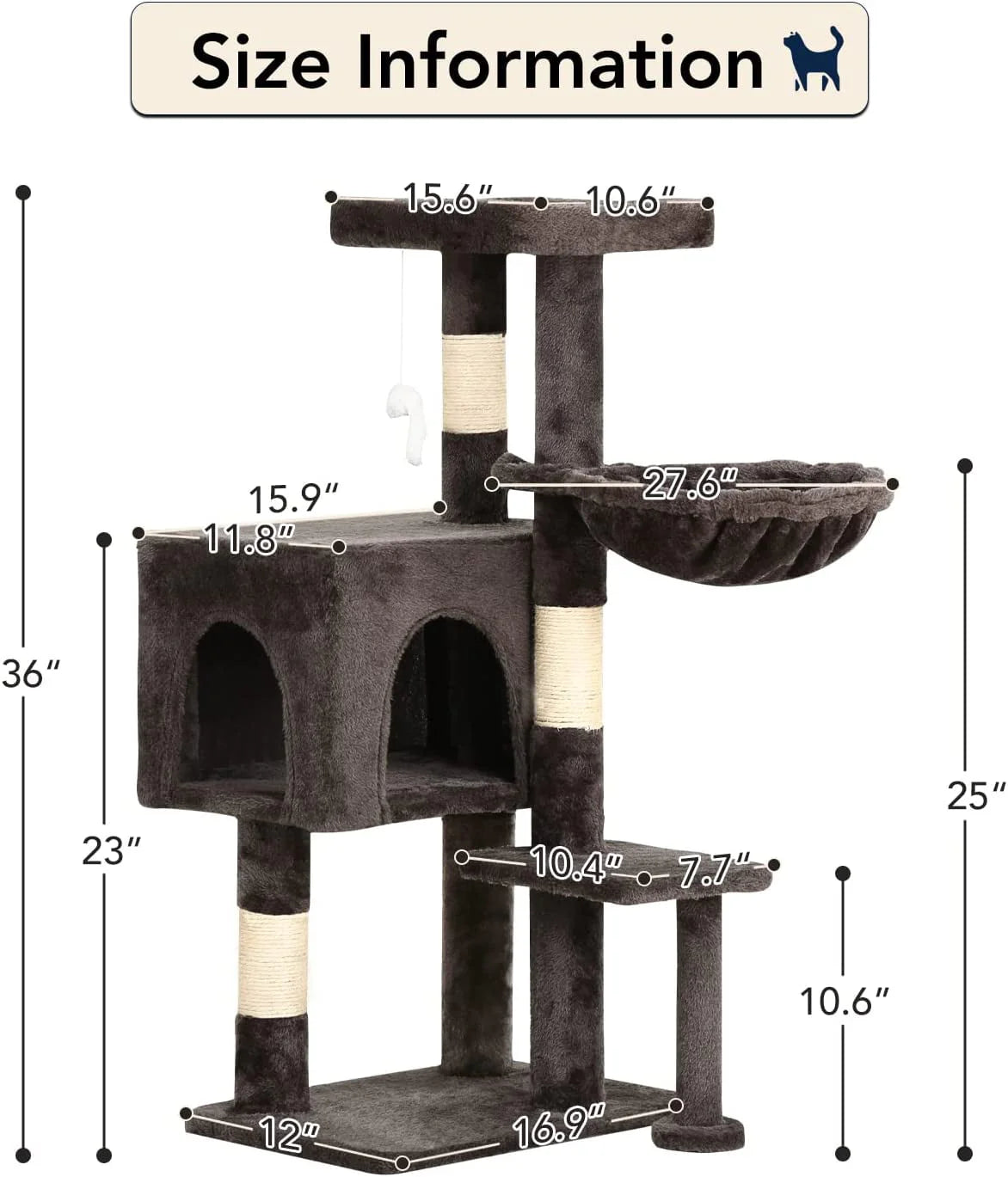 BestPet 36 inch Tall Cat Tower with Cat Scratching Post,with Cat Hammock & Funny Toy,Dark Gray