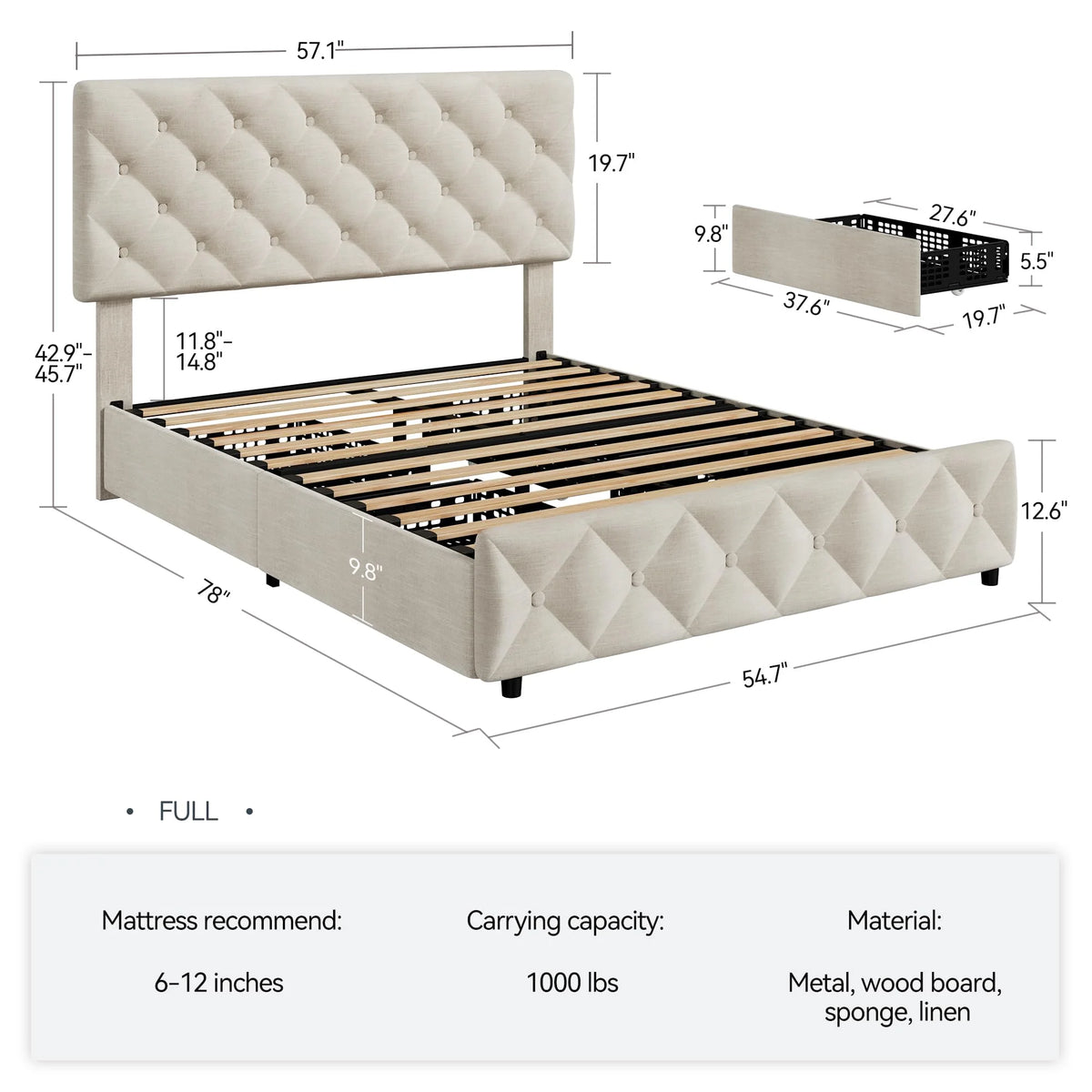 TROPOW Full Size Bed Frame,with 4 Storage Drawers and Adjustable Headboard, Linen Upholstered Platform Bed Frame, Diamond Stitched Button Tufted, No Box Spring Needed,White