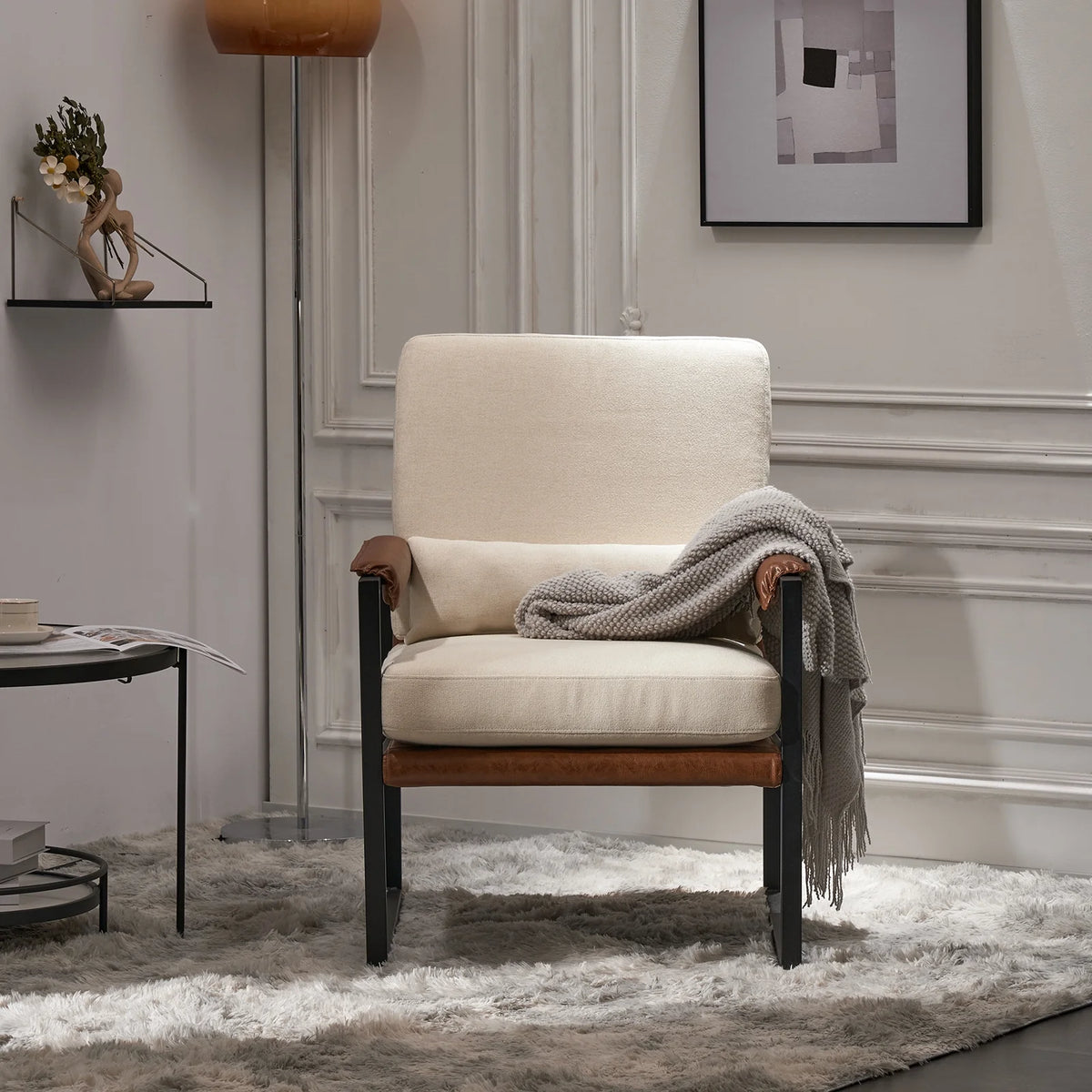 Ktaxon Accent Chair Lounge Armchair Modern Linen Fabric Upholstered Single Sofa with Black Coated Metal Frame Creamy White and Brown
