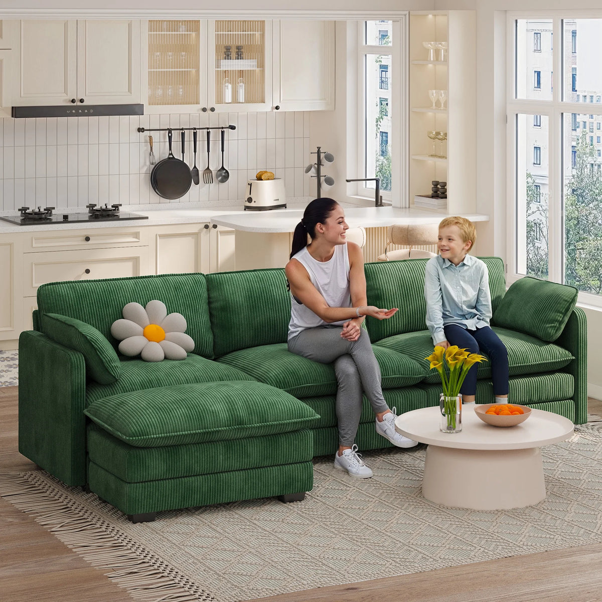 Lofka 110�� Modular Sectional Sofa Bed with Double Layer Cushions and Movable Ottoman, Modern Comfy Cloud Couch for Living Room, DIY Combination, Green