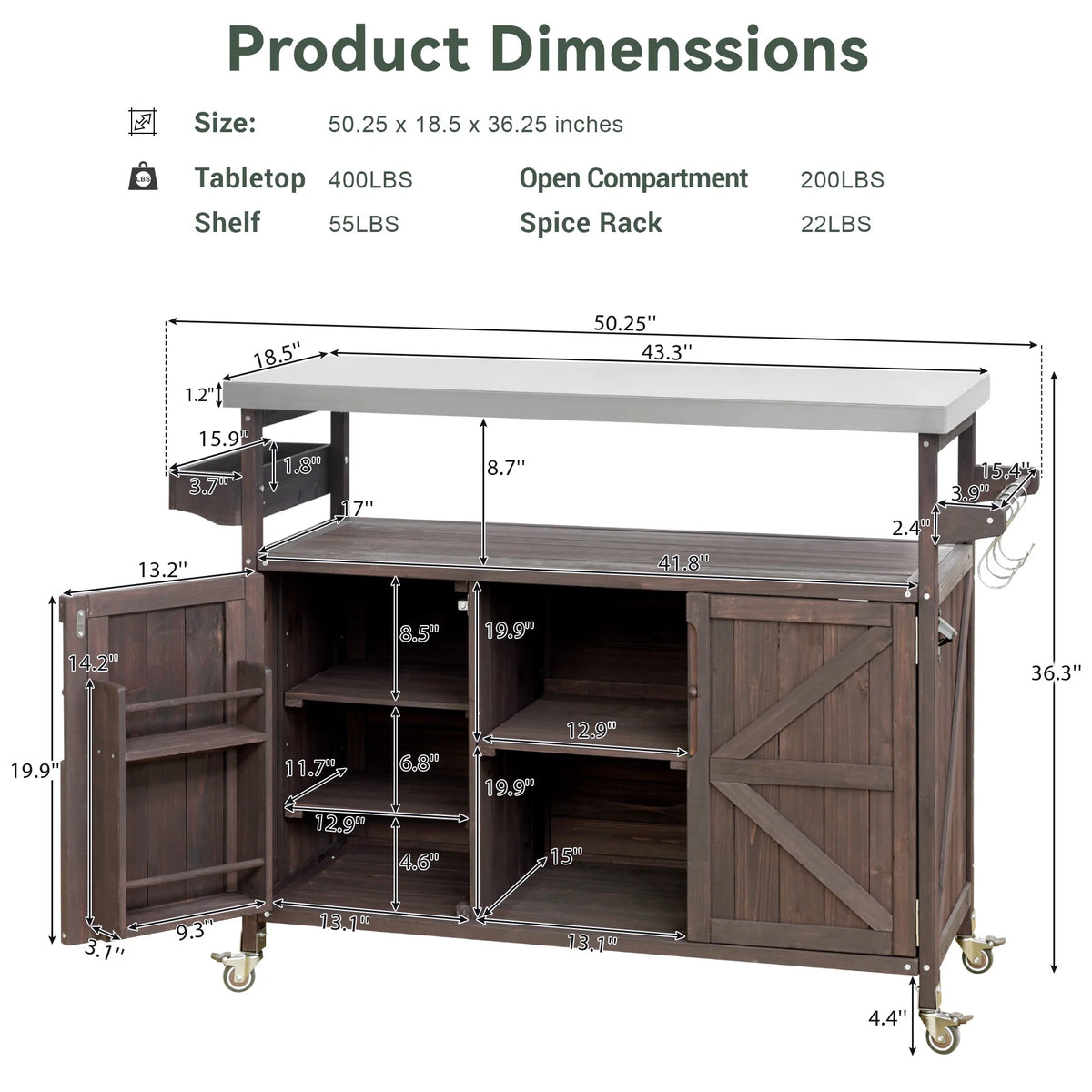 Bellemave Outdoor Serving Cart Kitchen Island Solid Wood Mobile Rolling Bar Cart with Lockable Wheels, Rack and Stainless Steel Top Beverage Storage Counter Table with Cabinet for Patio, Natural