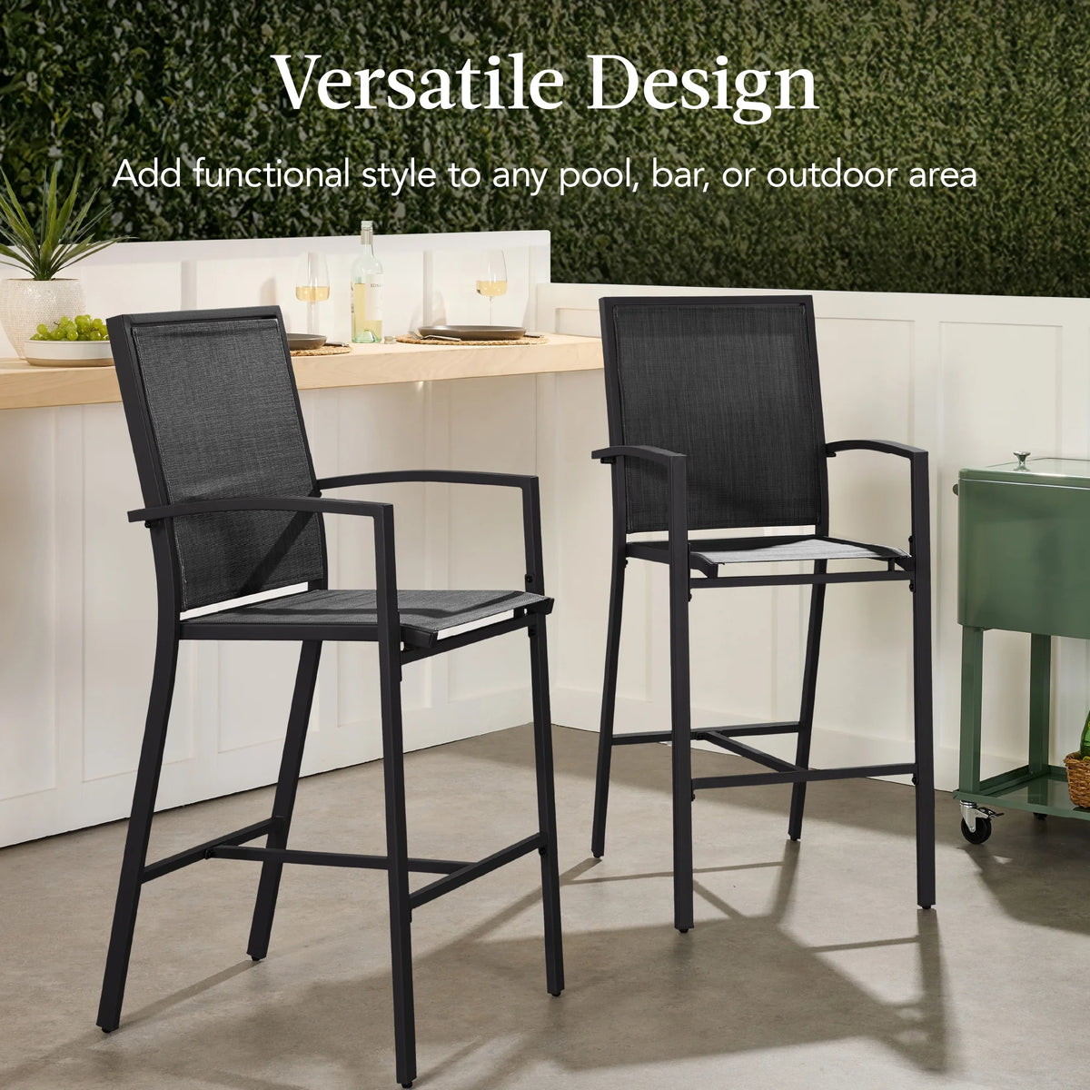 Best Choice Products Outdoor Barstools Set of 2, Bar Height Patio Chairs w/ All-Weather Mesh - Black/Black