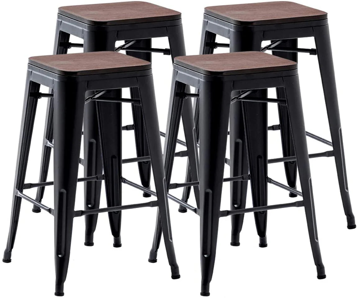 Andeworld 26" Set of 4 Metal Bar Stools  Stackable Counter Height Barstools Wood Seat Backless Rustic Kitchen Bar Chairs (Black)