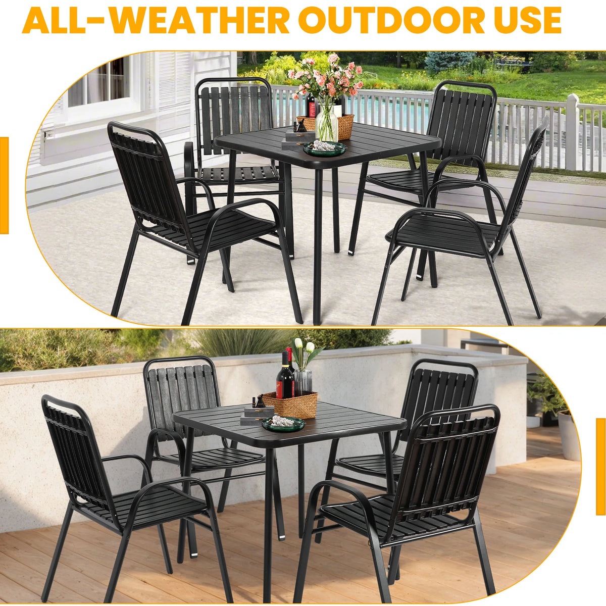 Seizeen 7-Piece Outdoor Table and Chairs, Patio Table Set with 6 Rattan Chairs, All-weather Outdoor Patio Dining Sets Rectangular Metal Table with Acacia Wood Top, Umbrella Hole, Gray