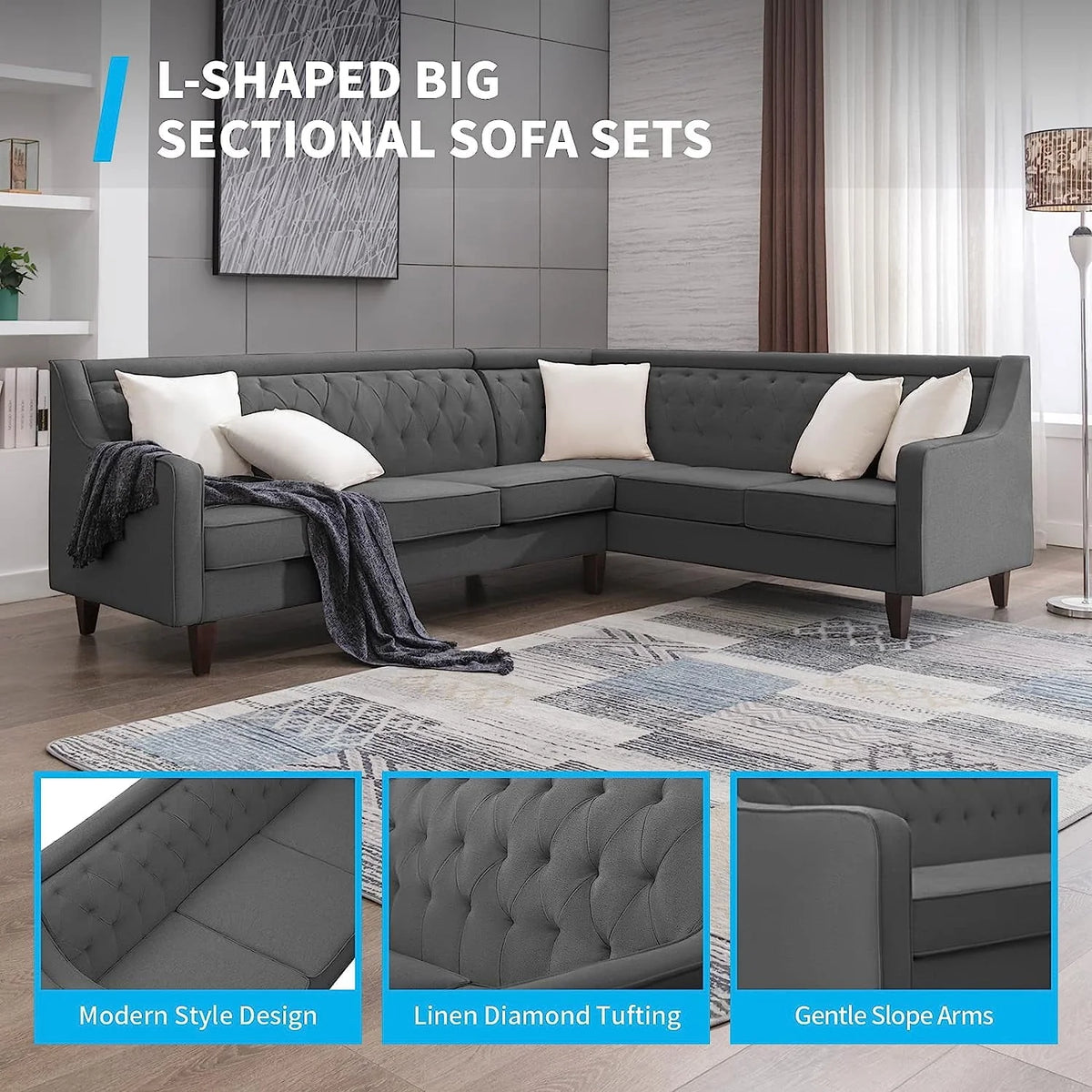 BALUS L Shaped Sofa Couch, Sectional Couches for Living Room, 6-seat Sofa Couch Has Button Tufted Backrest, U Shape Grey Sofa for Living Room/Apartment/Office (Dark Grey)