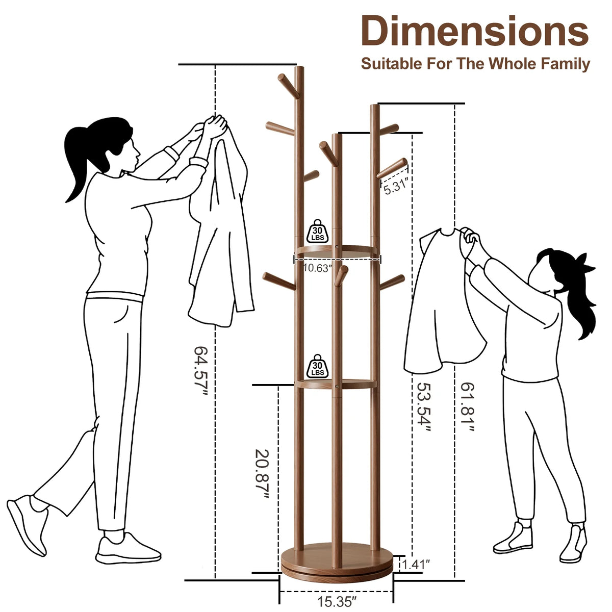 KASLANDI Solid Wood Rotary Coat Rack with 3 Shelves & 9 Hooks, Freestanding Hall Tree Stand, Coat Tree for Entryway, Living Room, Walnut, Easy Assembly