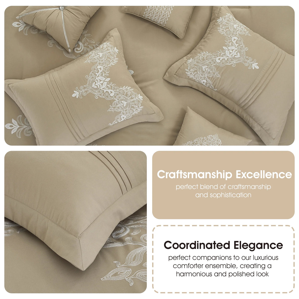 Lanco Taupe Damask Patchwork Queen Size Comforter Set, 7 Piece, Chain Stitching Embroidery Ultra Soft, Premium Microfiber, All Season