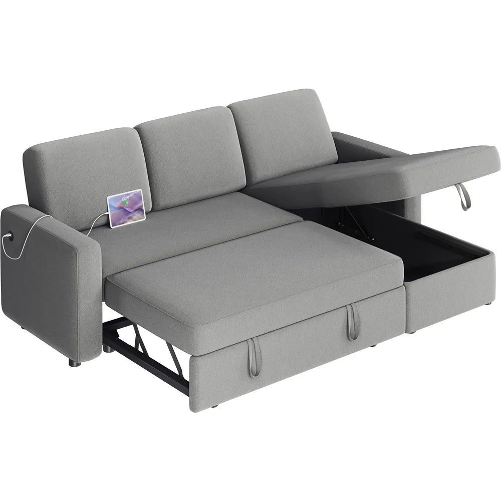 Alden Design Reversible Sectional Sofa with USB & Type-C Ports for Livingroom, Light Gray