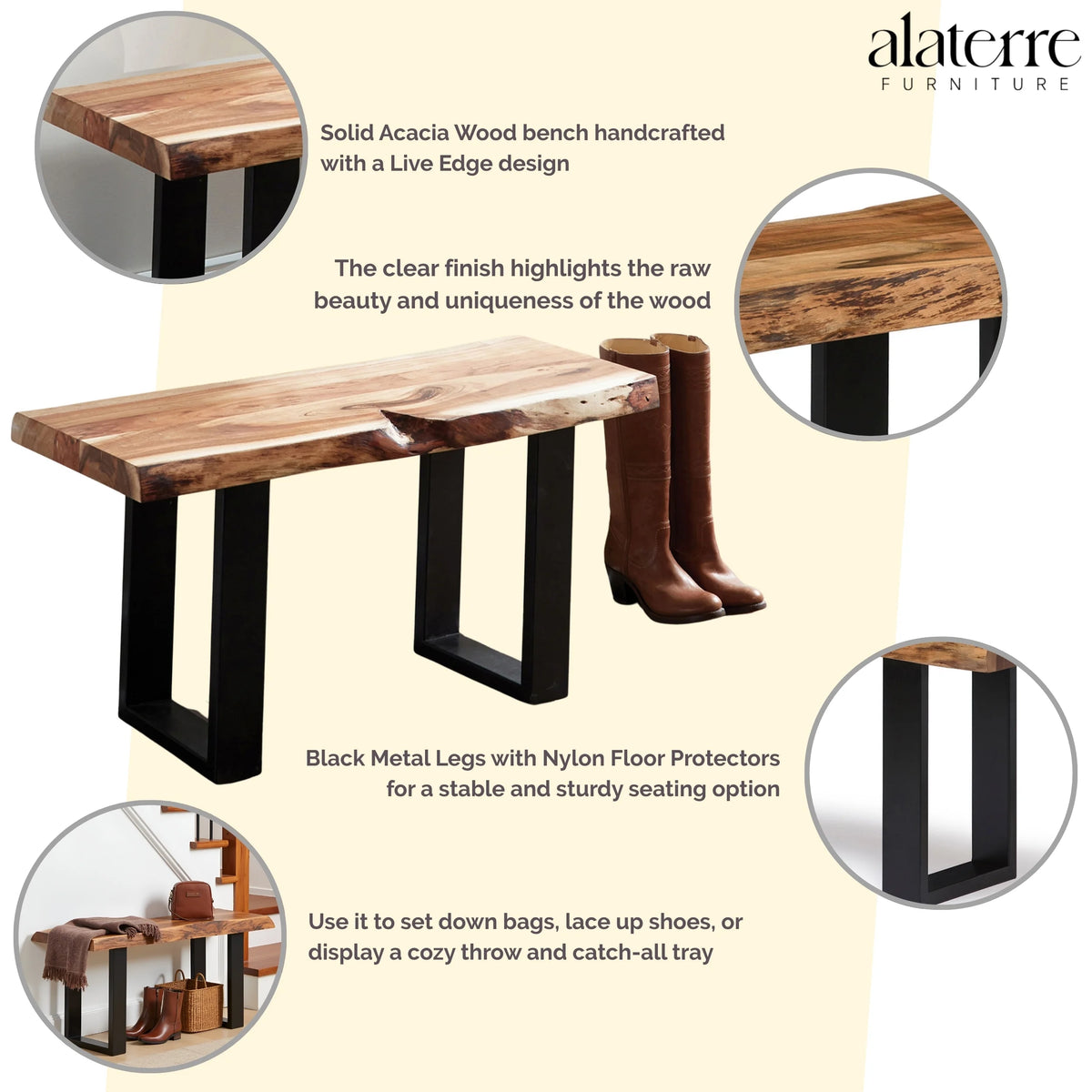 Alaterre Furniture Alpine 36-Inch Live Edge Solid Acacia Wood Bench with Black Metal Legs and Floor Protectors, Modern Farmhouse Entryway Hall Decor