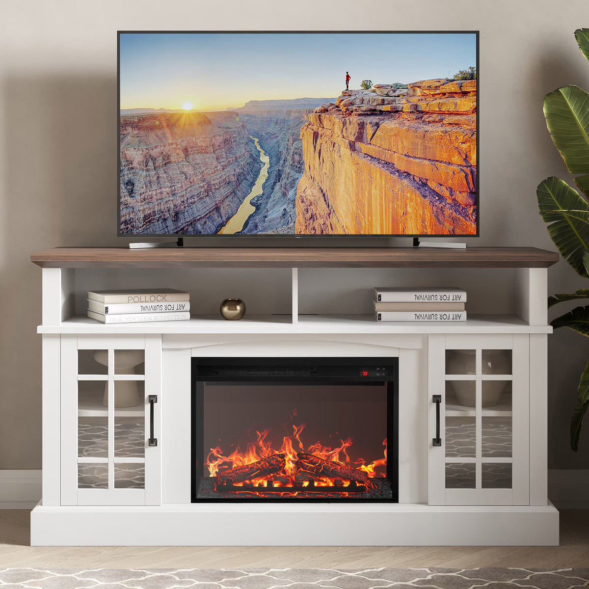 BELLEZE 58" TV Stand with 23" Electric Fireplace, Fireplace TV Console for TVs up to 65", Home Entertainment Center with Storage Cabinet and Adjustable Shelves - Astorga (Gray Wash)