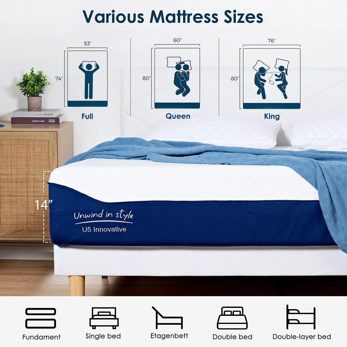 Soges 14 inch Memory Foam Mattress Queen Size Mattress Green Tea Gel Memory Foam Mattress Cooling Gel Infused Mattress for Pressure Relief, Medium Firm, Washable Cover, CertiPUR-US Certified, Blue