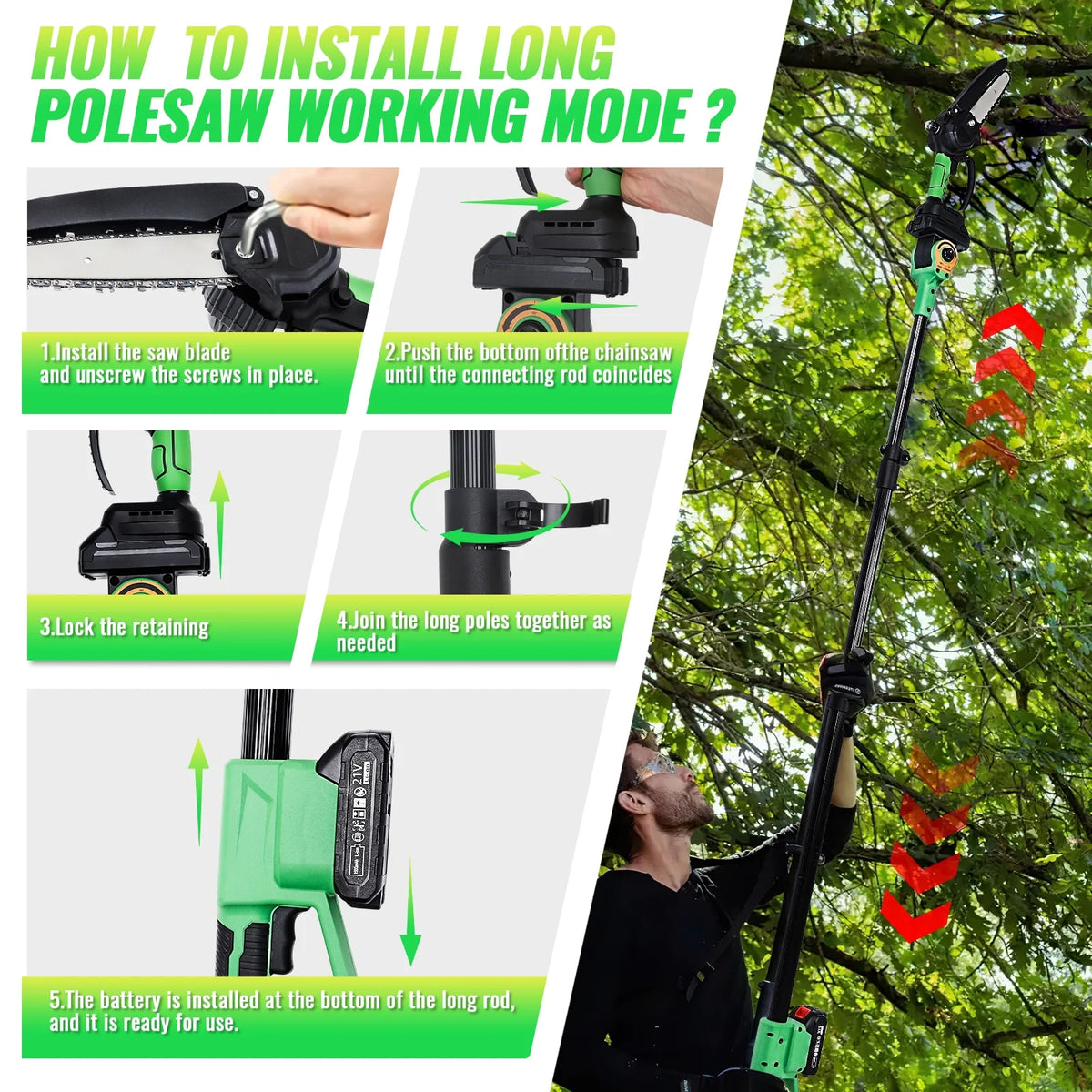 2-in-1 Brushless Cordless Pole Saw,6in + 8in Mini Chainsaw & Pole Saw with 2pcs 2.0A Batteries, 13.6ft Max Reach Brach Tree Saw Telescoping Extension Rod for Wood Tree Trimming Wood Cutting��Red