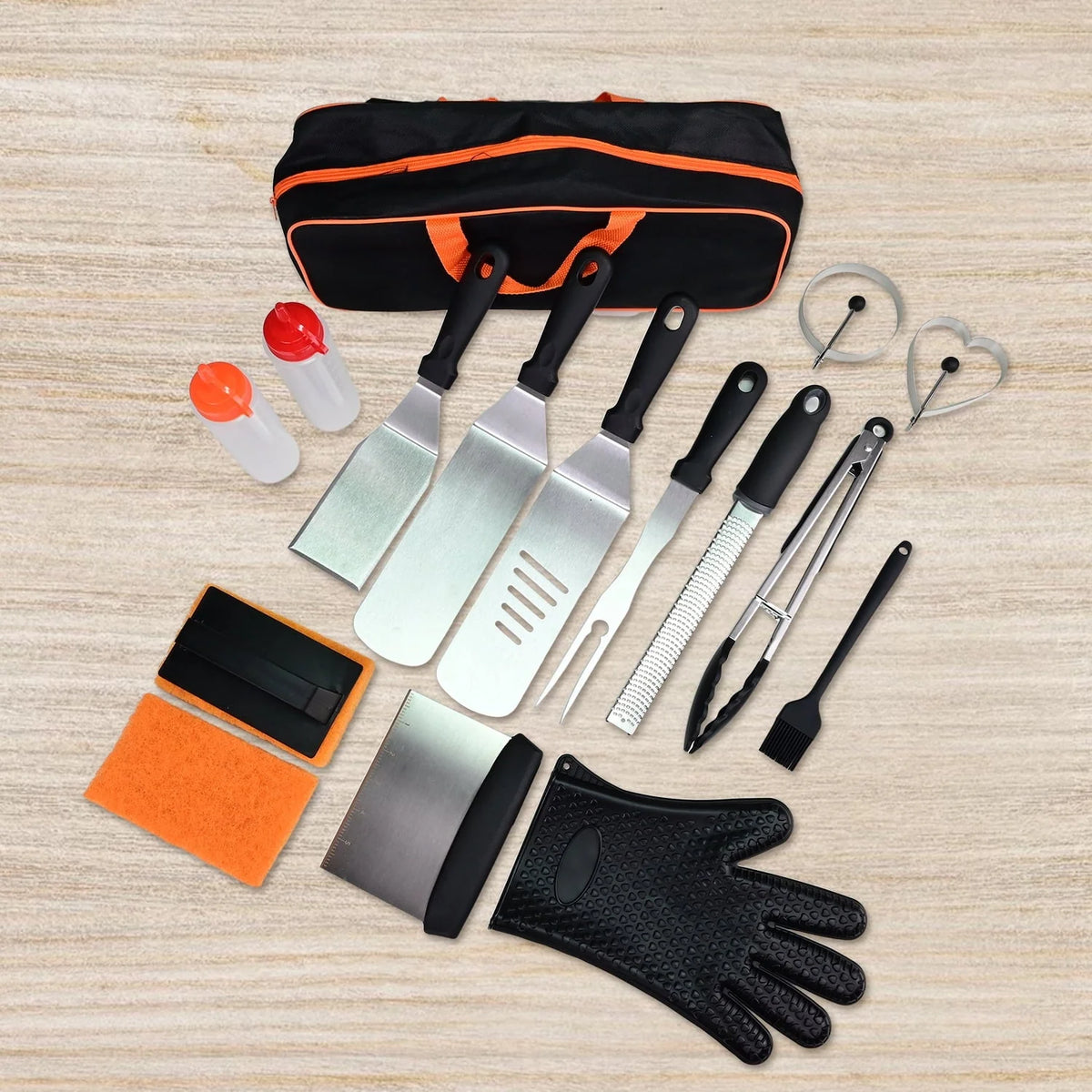 Griddle Accessories, 16 PCS Flat Top Grill Accessories Set for Blackstone and Camp, ROTTAY Stainless Steel BBQ Accessories with Spatulas, Tong, Egg Mold, Grater & Carry Bag for Outdoor BBQ