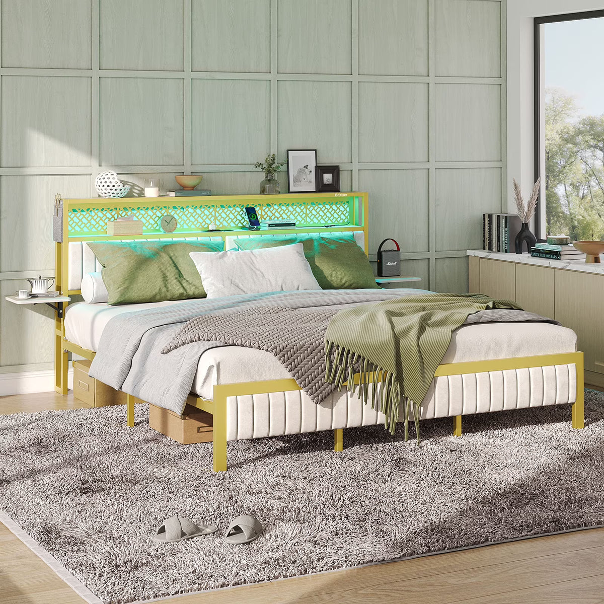 Bestier Queen Size Platform Bed Frame with Wood Foldable Bedside Shelves and LED Storage Headboard Charge Station, Gray