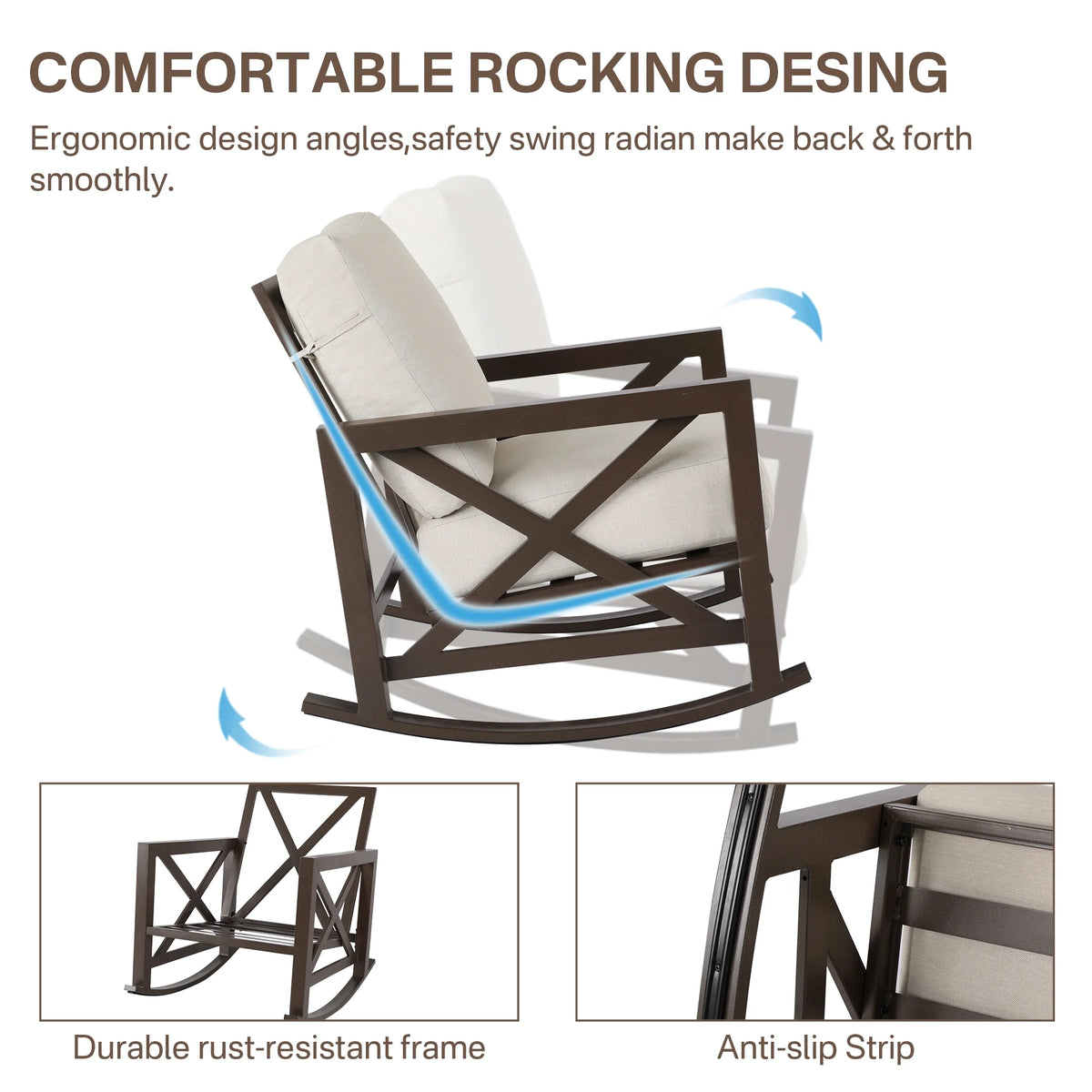 NATURAL EXPRESSIONS Sunbrella Rocking Bistro Set, 3 Piece Outdoor Patio Conversation Furniture Set with 6.5'' Thick Cushions Wood Grain Finish Frame for Backyard,Porch,Poolside