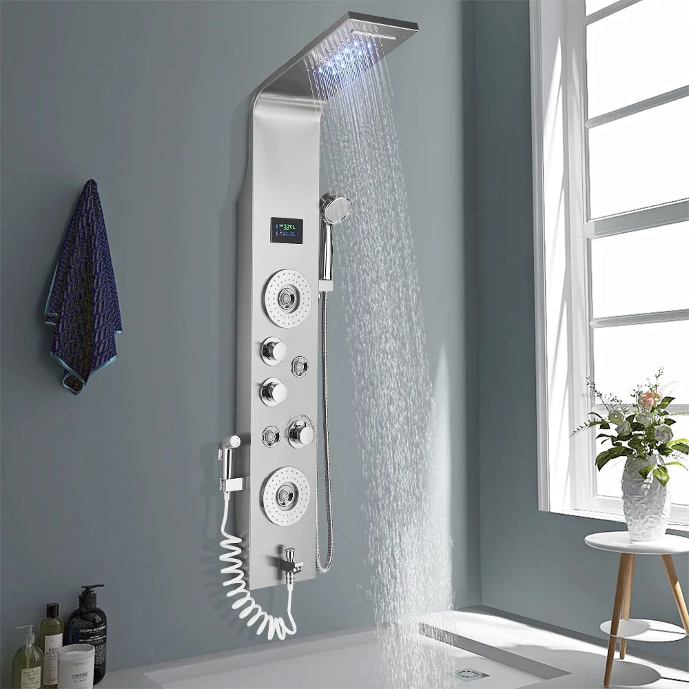 Shower Panel Tower System LED Rain&Waterfall Massage Jet Sprayer Stainless Steel