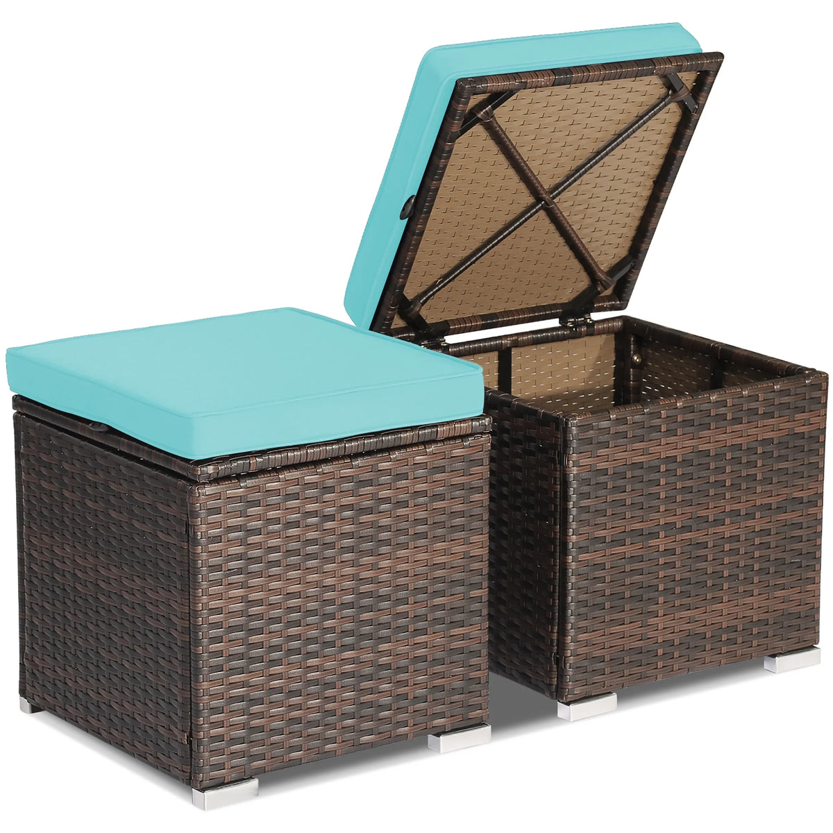 Costway 2PC Patio Rattan Ottoman Seat Side Table Storage Box Footrest Off White