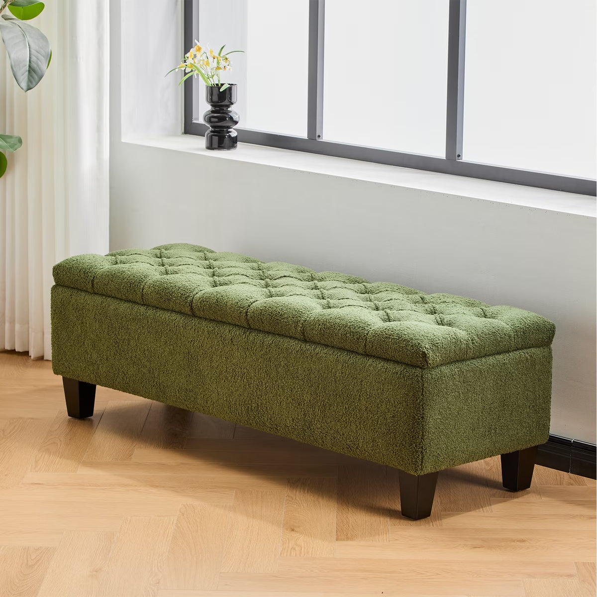 Furniliving Modern Upholstered Button Tufted Storage Ottoman Entryway Bench, Ivory