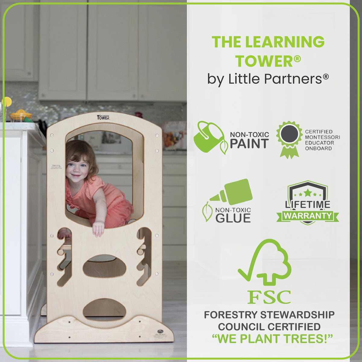 Little Partners Learning Tower Adjustable Height Kitchen Step Stool, Toddler Tower, Encourages Learning, Independence, and Engagement, Safety Climbing Tower for Kitchen Counter - Soft White