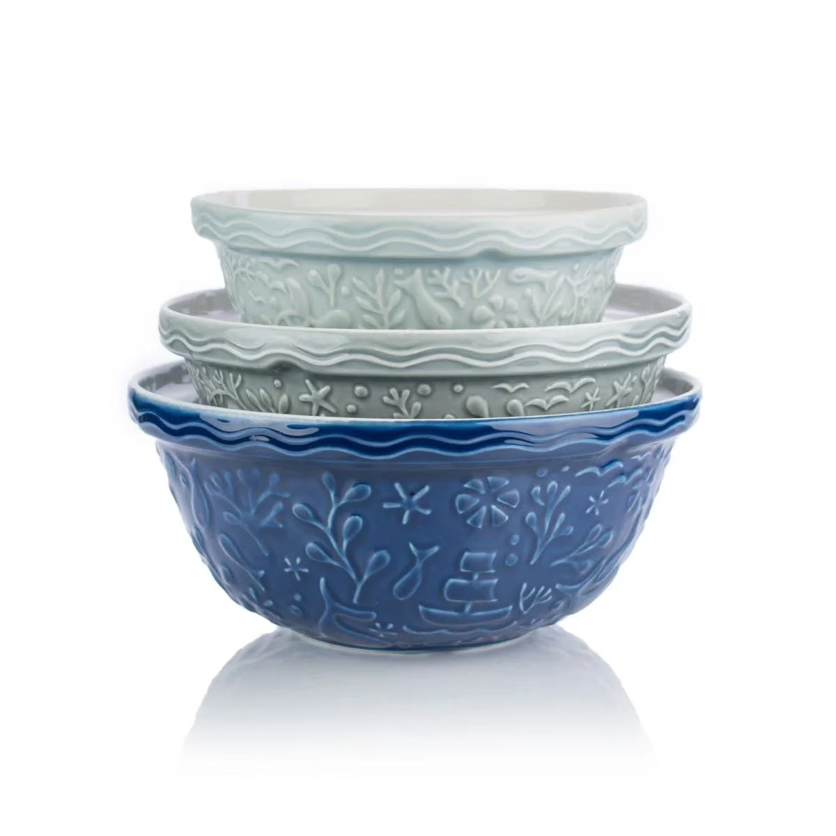 Mason Cash Nautical Chip-Resistant Earthenware Mixing Bowls with Sea Turtle,Crab,Boat Designs (3Pcs)