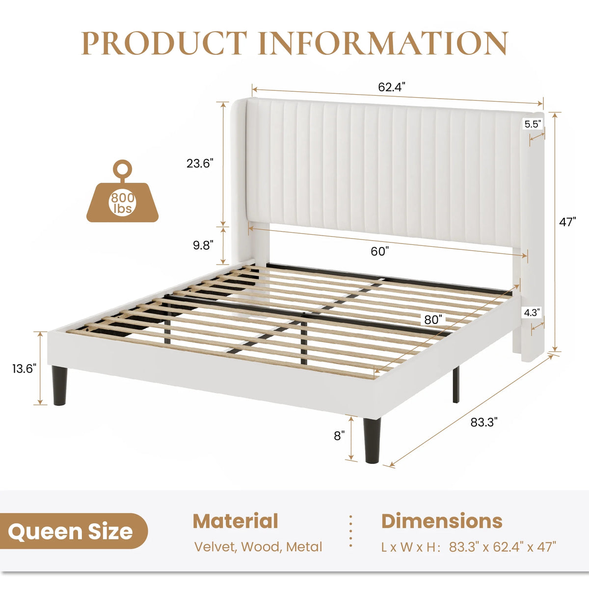 Sha Cerlin Queen Size Upholstered Platform Bed Frame with Velvet Channel Wingback Headboard, Off White