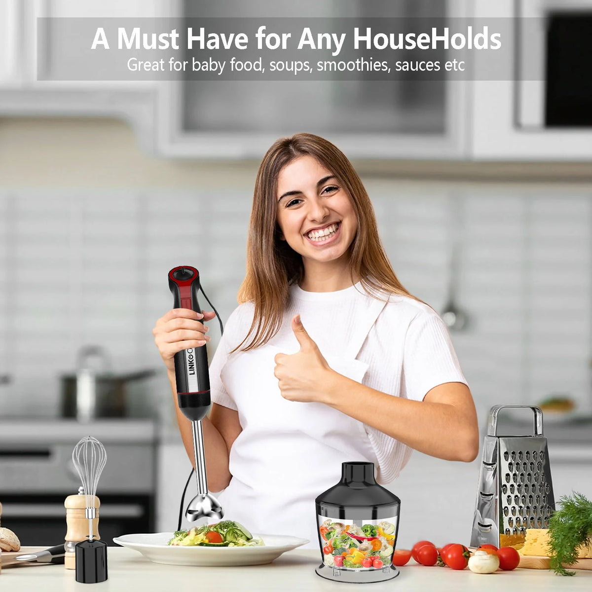 LINKChef Immersion Blender, 20-Speed Hand Blender, 800W 5-in-1 Immersion Hand Blender, Stick Blender with Turbo Mode, Baby Food Processor with Chopper, Blender for Kitchen with 600ml Beaker (Black)