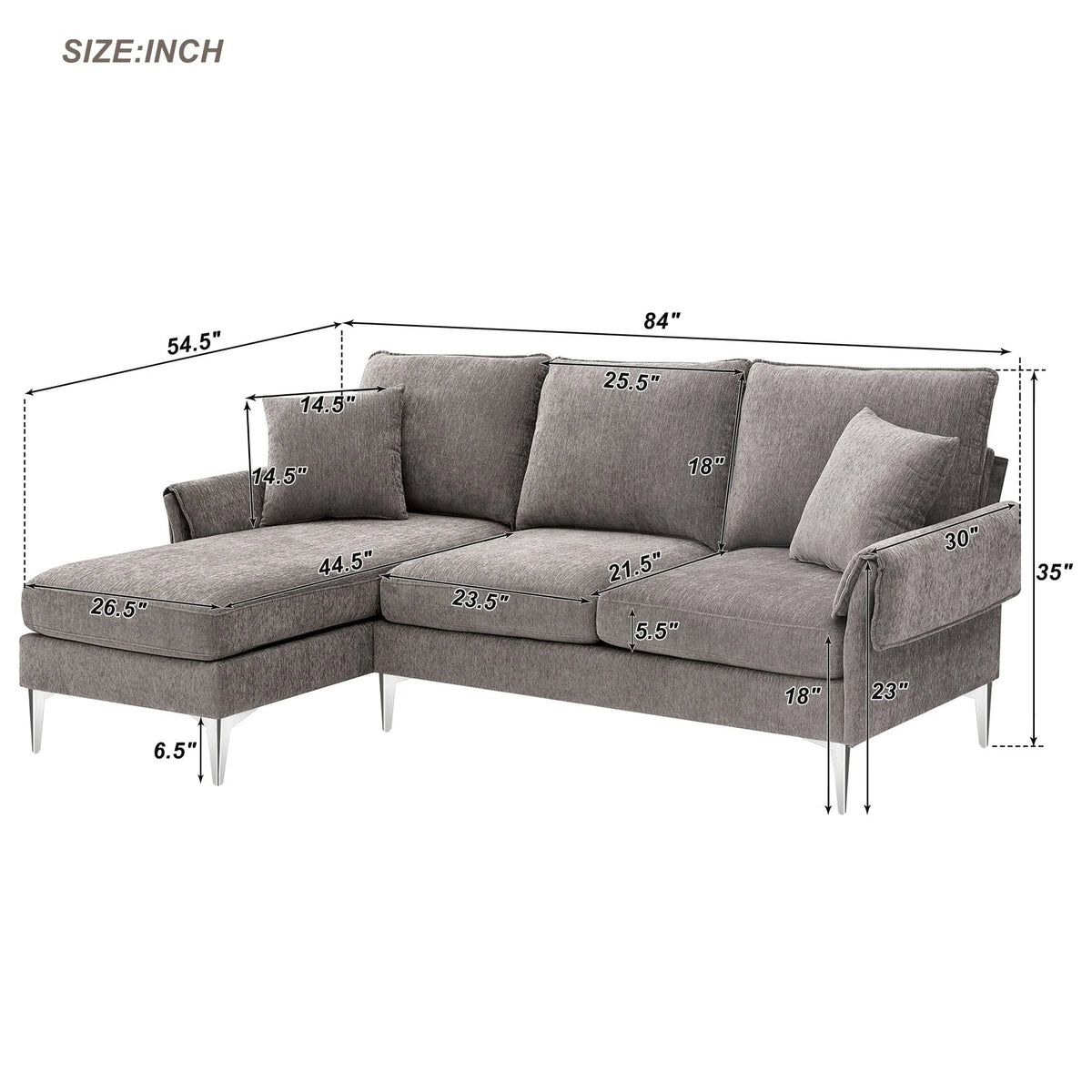 Churanty L Shaped Sofa for Small Spaces Convertible Sectional Sofa with Reversible Chaise Lounge,Grey
