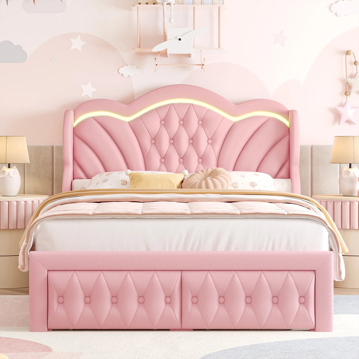 Hiphuta Modern Queen Bed Frame with 2 Drawers, LED Lights Platform Bed Frame, Sturdy Beds Frame with Upholstered Button Tufted Headboard, Velvet White