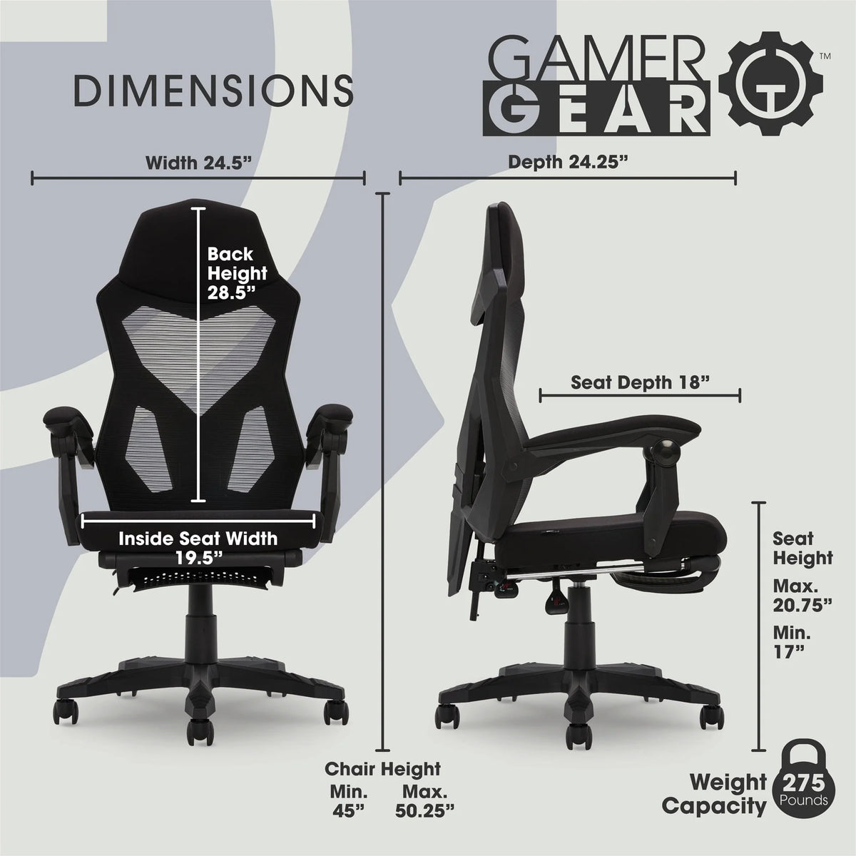 Gamer Gear Gaming Office Chair with Extendable Leg Rest, Black Fabric Upholstery