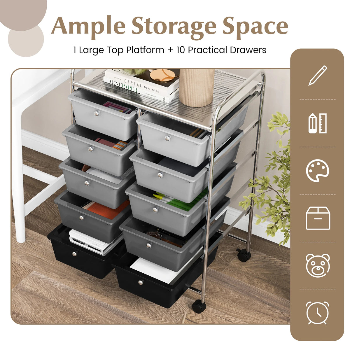 Gymax 10-Drawer Rolling Storage Cart Tools Scrapbook Paper Organizer on Wheels Black Gradient