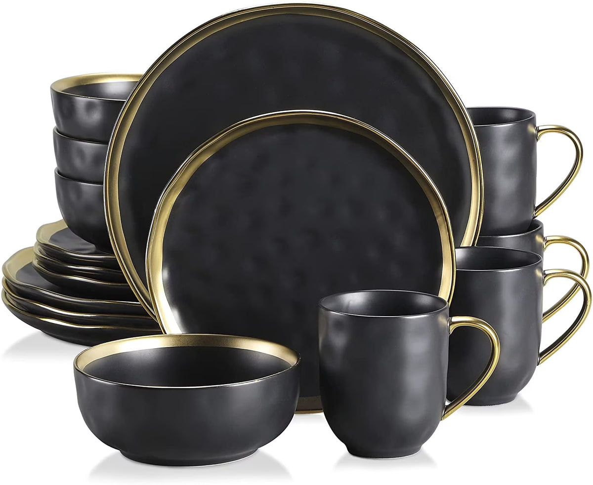 LOVECASA, 16-Piece Stoneware Dinnerware Sets, Dark Green and Gold Dinner Set, for 4 People