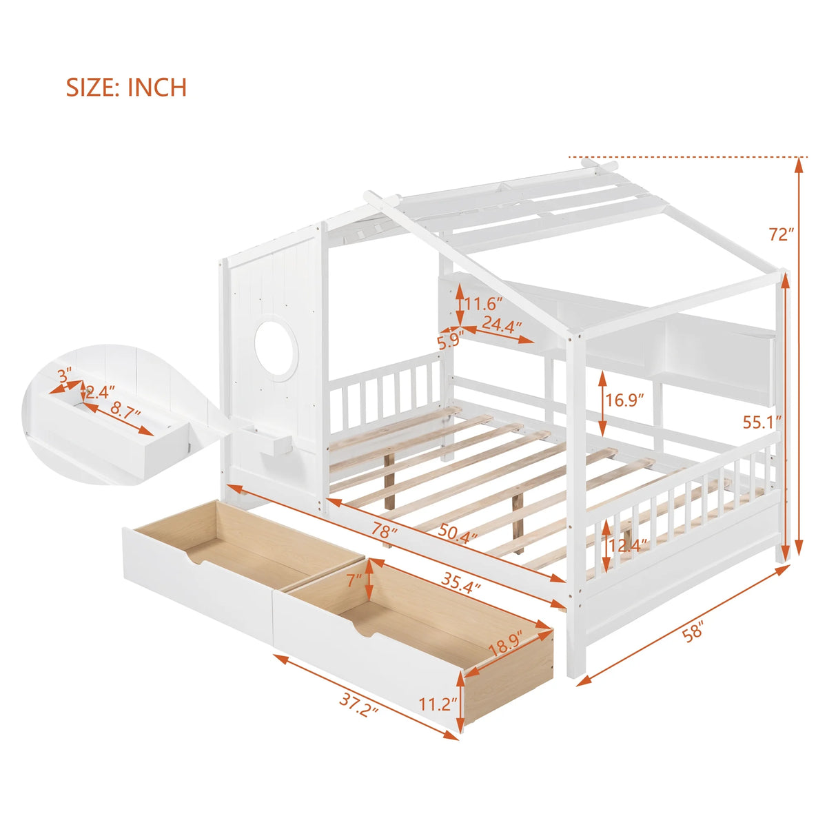 Bellemave House Bed with 2 Drawers and Storage Shelves, Wood Full Size Montessori Bed Frame with Roof and Window, Playhouse Bed for Bedroom (White)