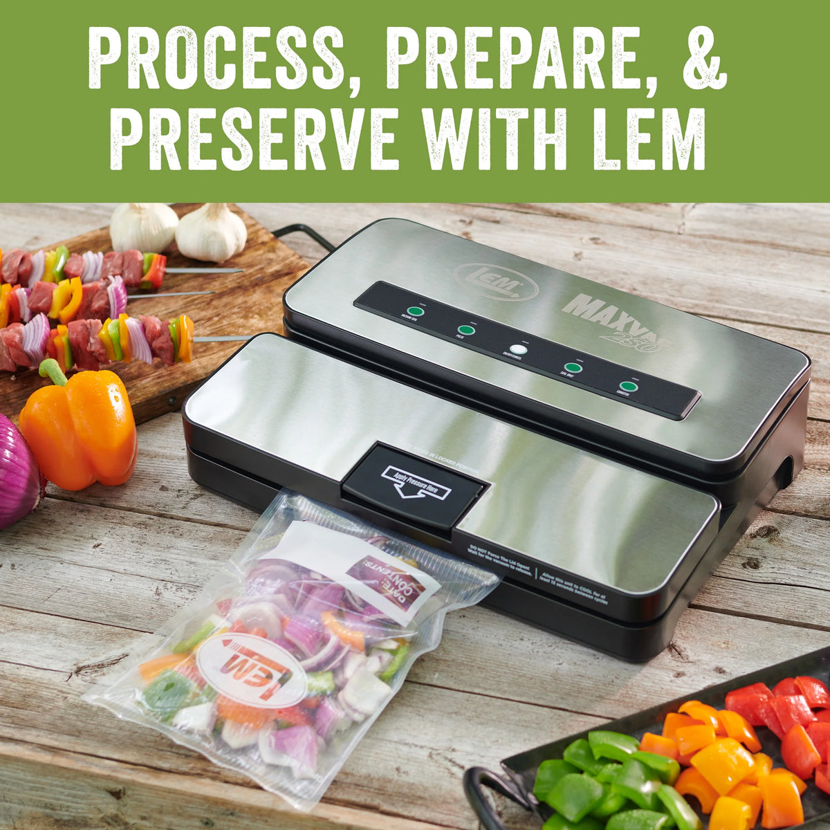 LEM Products MaxVac 250 Stainless Steel Vacuum Sealer with Built-In Bag Holder and Cutter, Silver and Black