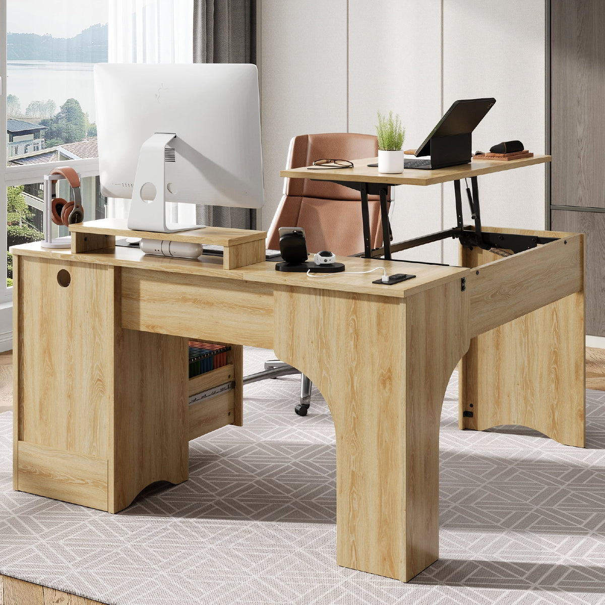 Bestier 55" L-shaped Computer PC Desk Lift Top with Power Outlets Storage Drawers and Monitor Stand, Log