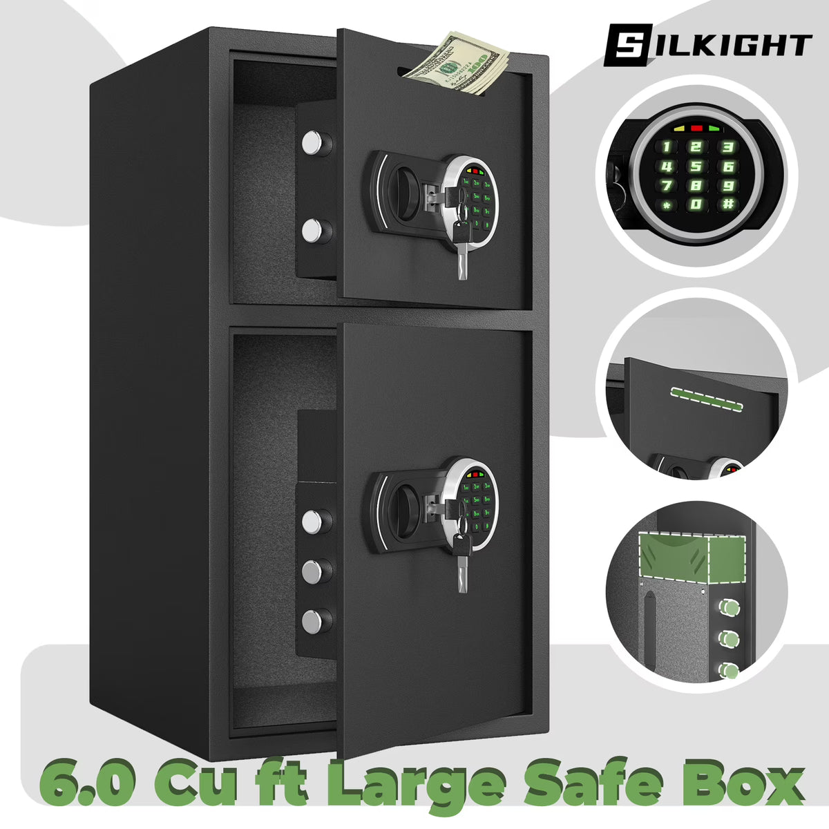 Silkight 6.5 Cu ft Home Safe Box - Fireproof  Depository Drop Safe with Backlit Keypad&Alarm System for Business Home