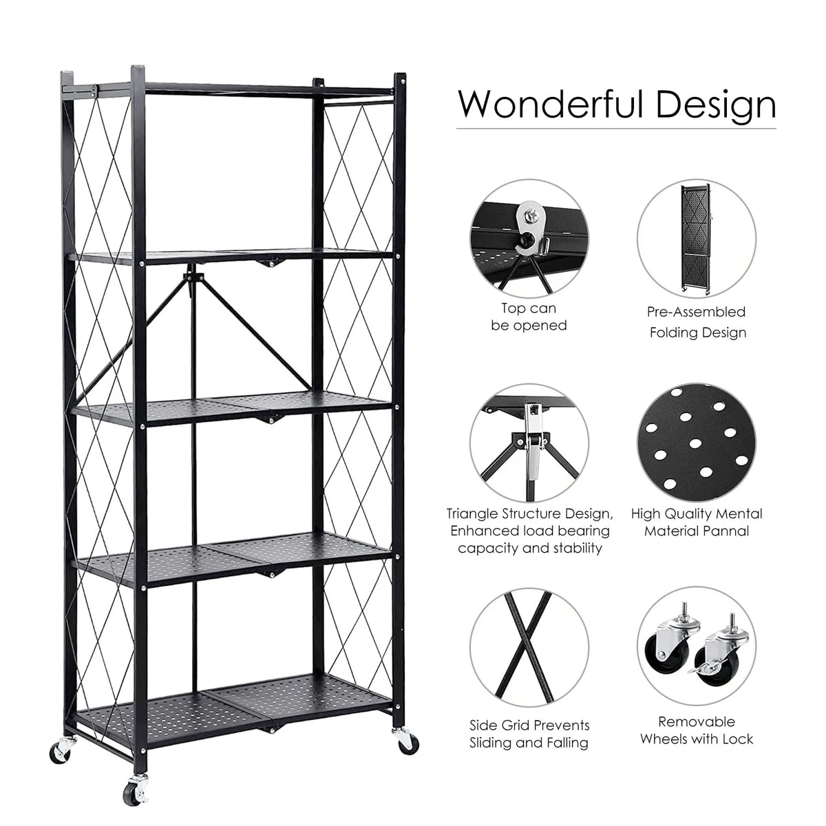 Vebreda 5 Tier Storage Shelves Foldable Metal Shelving Units Storage Racks with Lockable Wheels, Black