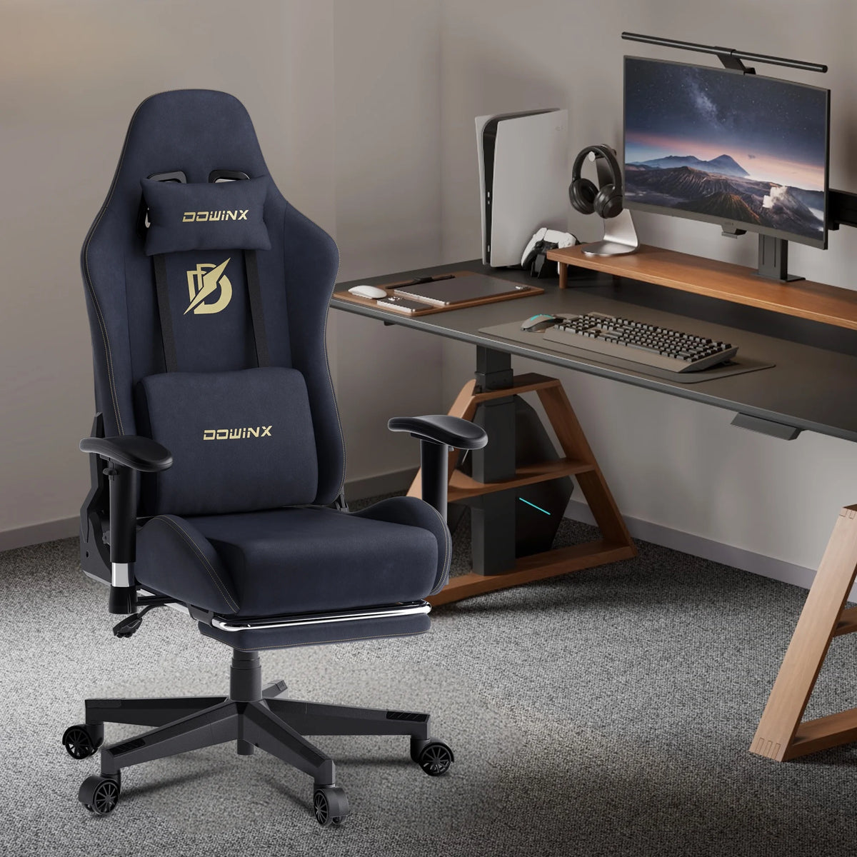 Dowinx Computer Gaming Chair with Pocket Spring Cushion and 4D Armrests for Office,Breathable Fabric High Back Ergonomic Task Chair with Footrest , Massage Lumbar Support Black