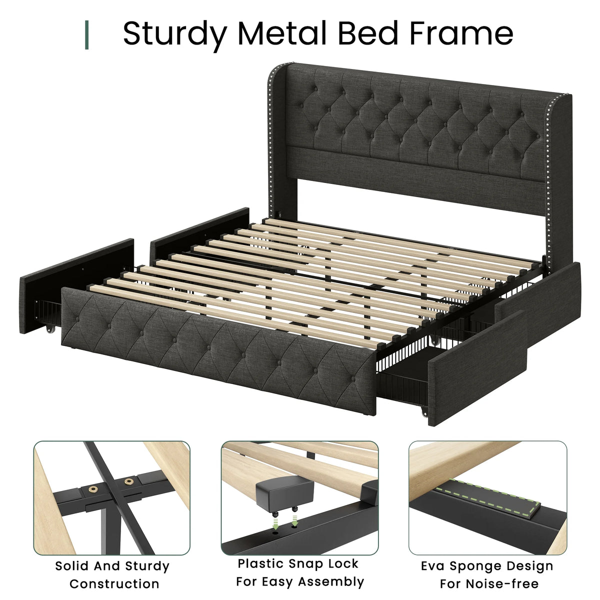 LARMACE Queen Size Platform Bed Frame with 4 Storage Drawers and Tufted Headboard Linen Upholstered Bed Wingback Bed Frame with Wooden Slats Support, Easy Assembly, Light Grey