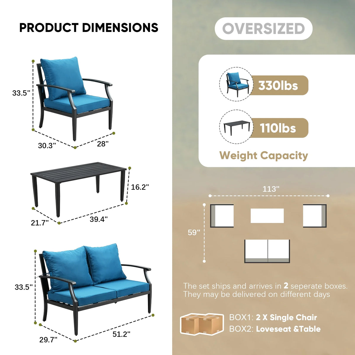 JOYURE 4 pieces Patio Furniture Set w/loveseat,Coffe Table,Outdoor Conversation Metal Sofa with High Back and Thick Cushion,for Backyard,Garden,Beige