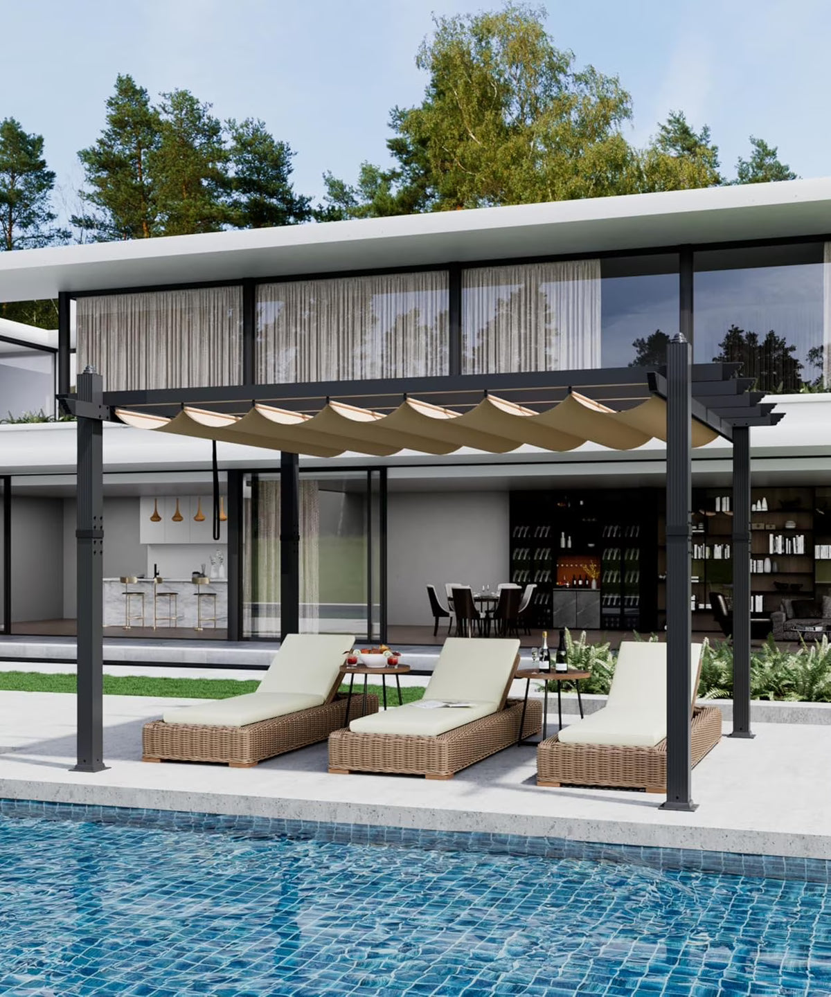 Outdoor Aluminum Pergola with Retractable Canopy, Reinforced 4-Sided Base, Waterproof & UV-Resistant Adjustable Roof, Modern Design for Patio, Deck, Backyard, and Garden