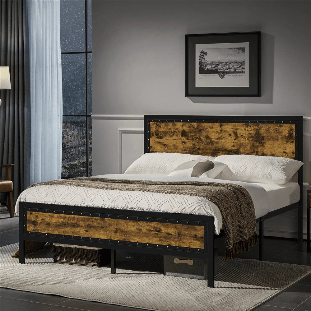 Topeakmart Industrial Metal Bed Frame with Wooden Headboard and Footboard, Full Size, Rustic Brown