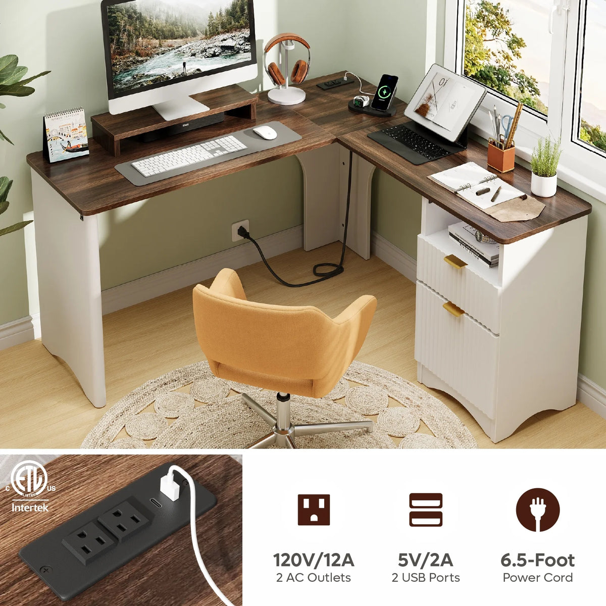 Bestier 55" L-shaped Computer PC Desk Lift Top with Power Outlets Storage Drawers and Monitor Stand, Log