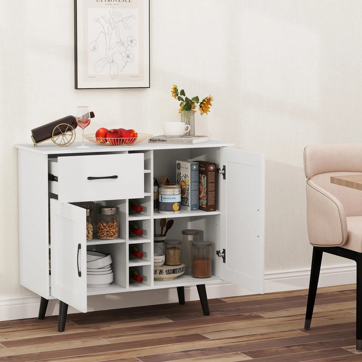 Costway 2-Door Wine Bar Cabinet Kitchen Sideboard Buffet with Drawer & Adjustable Shelves Natural