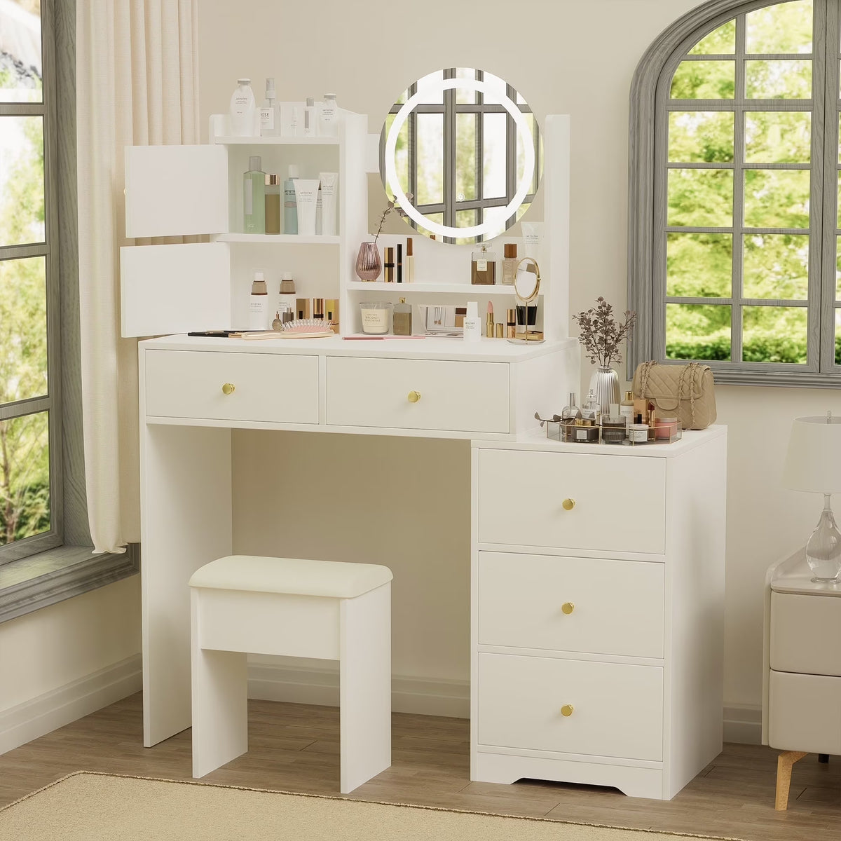 Montary Modern Mini Vanity w/Adjustable LED Mirror + Hidden Storage, Padded Stool & Dustproof Shelves (White)