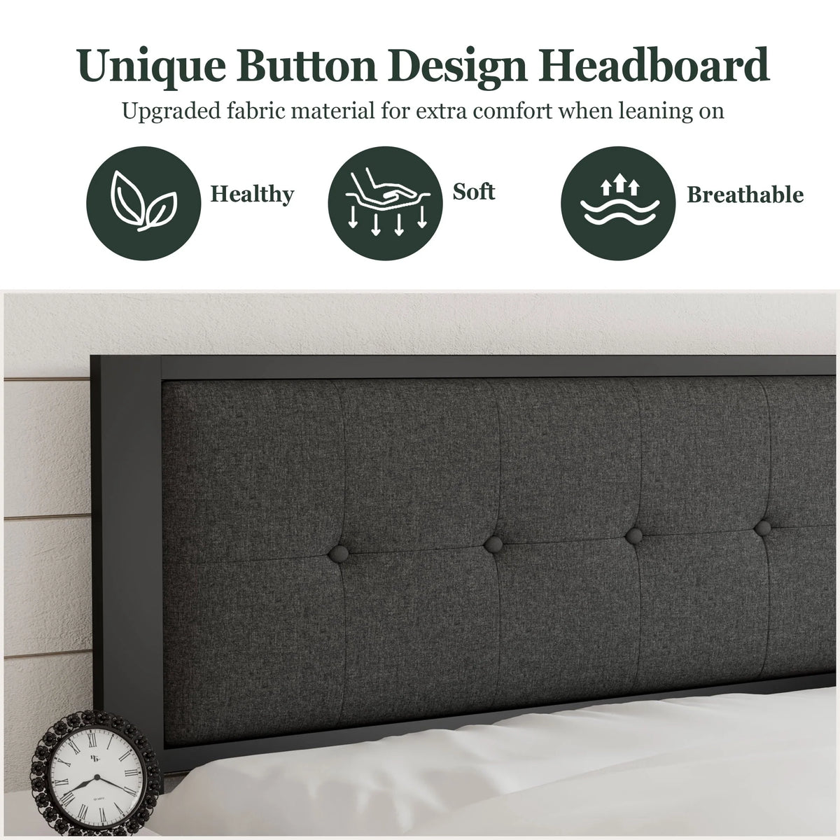 Amolife Twin Size Metal Platform Bed with Upholstered Button Tufted Headboard and 16 Strong Steel Slats, Dark Grey