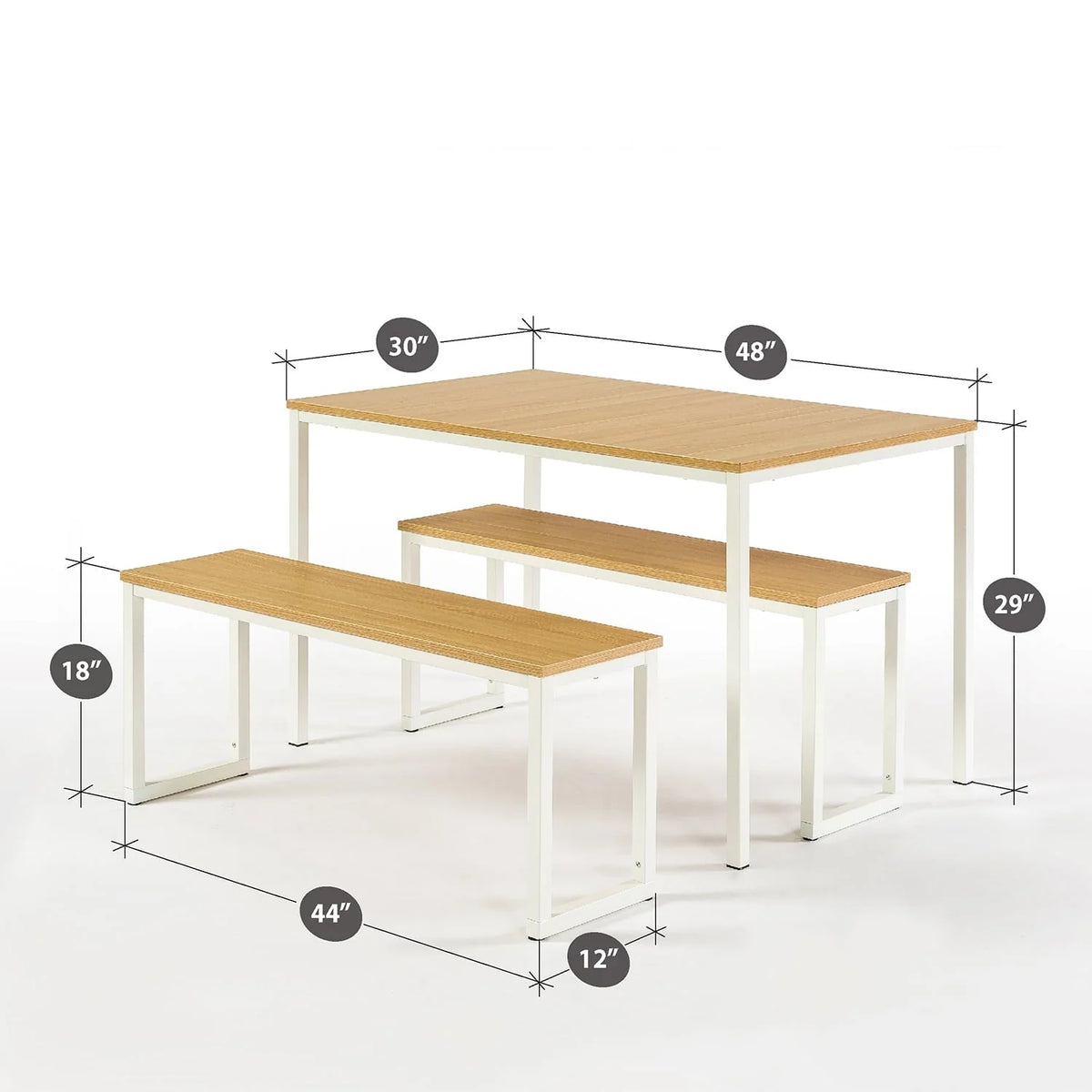 Zinus Louis 48" White Metal Dining Table with Benches, 3 Piece Dining Set