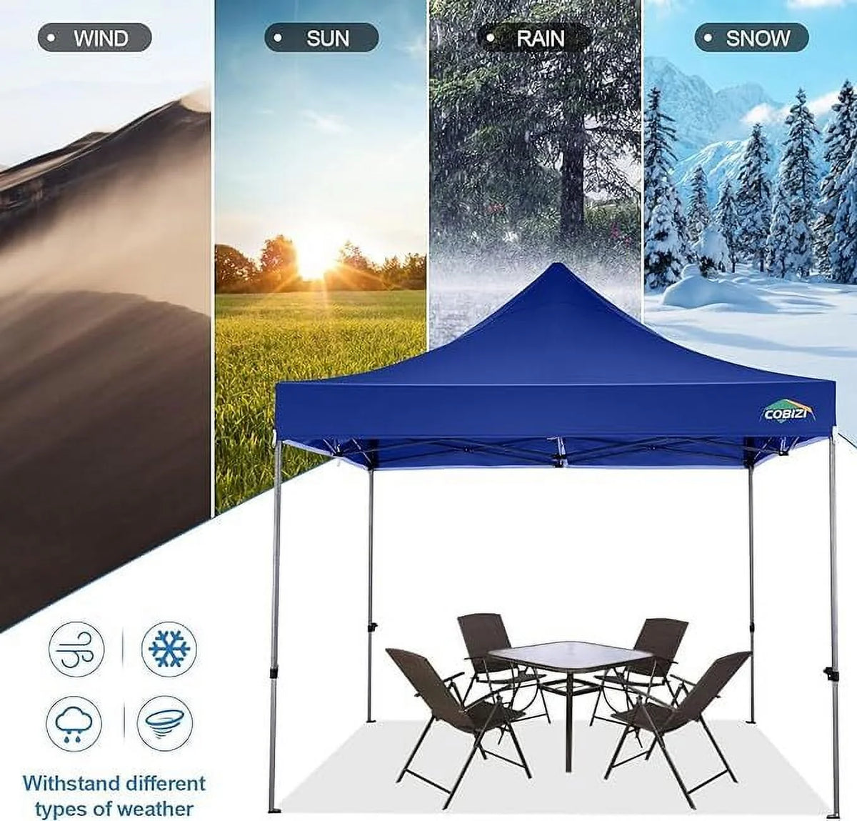 COBIZI 10x10 Heavy Duty Pop-up Canopy Tent for Outside, UPF 50+ Waterproof and Instant Outdoor Shelter, Outdoor Canopy for Beach,Party,Camping with Rope,Stake and Carrying Bag,White(Frame Thickened)