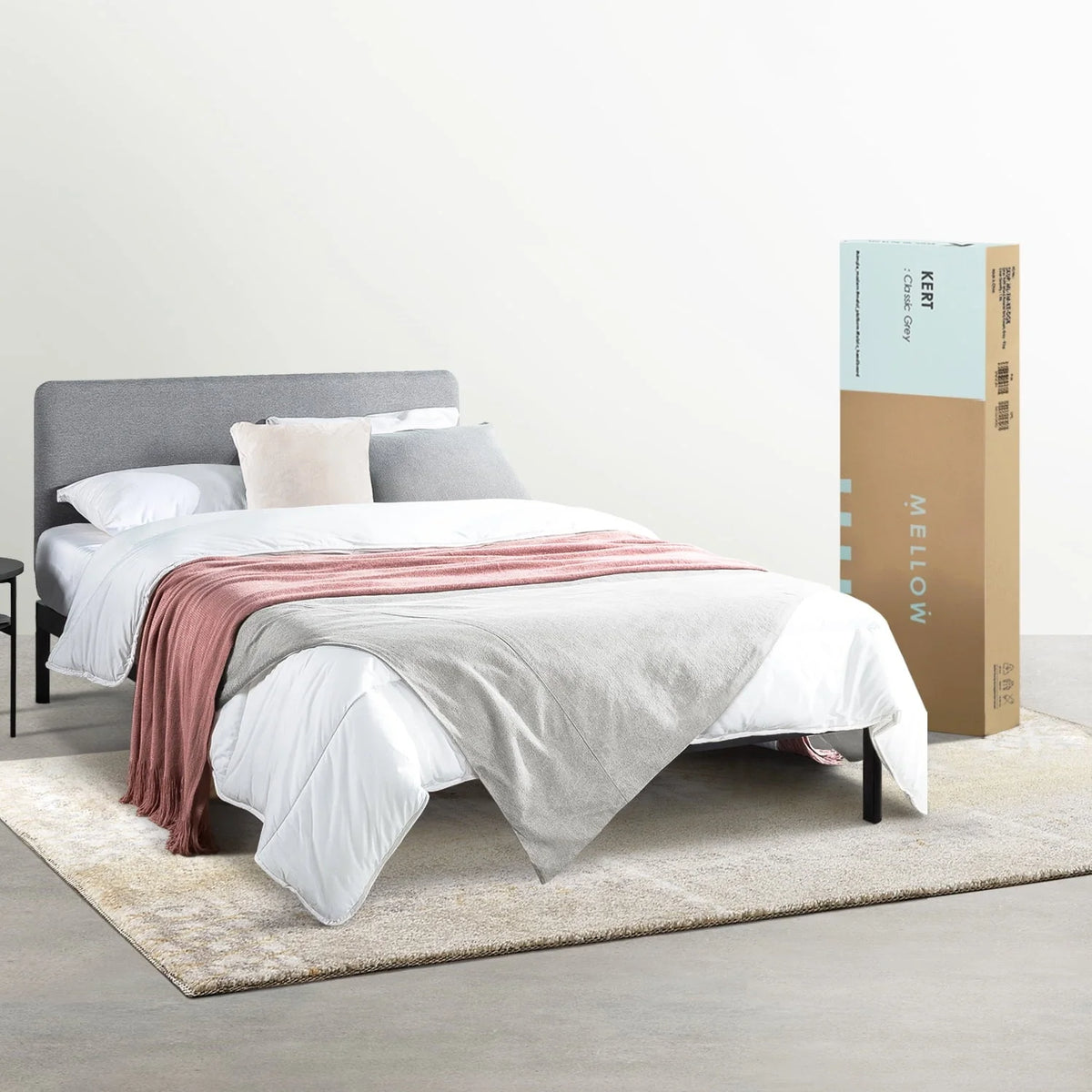 Mellow Kert Metal Platform Bed with Fabric Headboard and Rounded Legs, Classic Grey, Queen